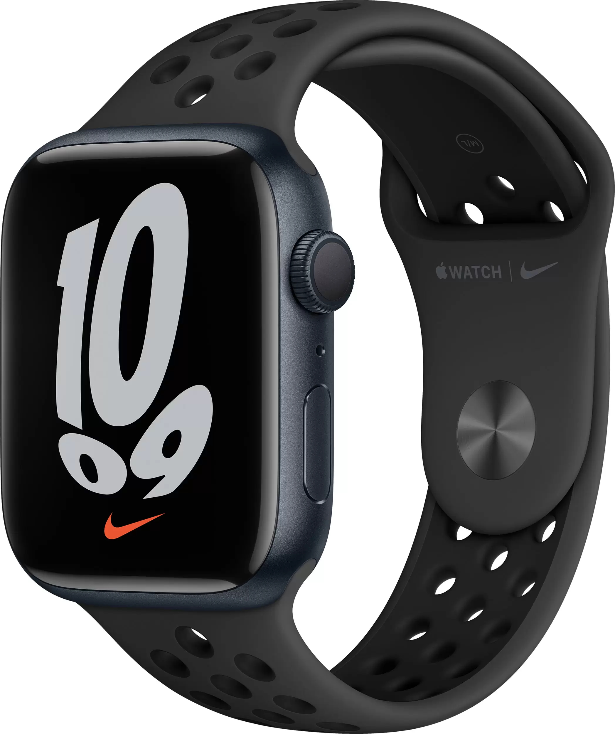 Часы Apple Watch Series 7, 45 мм, корпус из алюминия цвета «тёмная ночь», спортивный ремешок Nike цвета «антрацитовый/чёрный» (MKNC3)