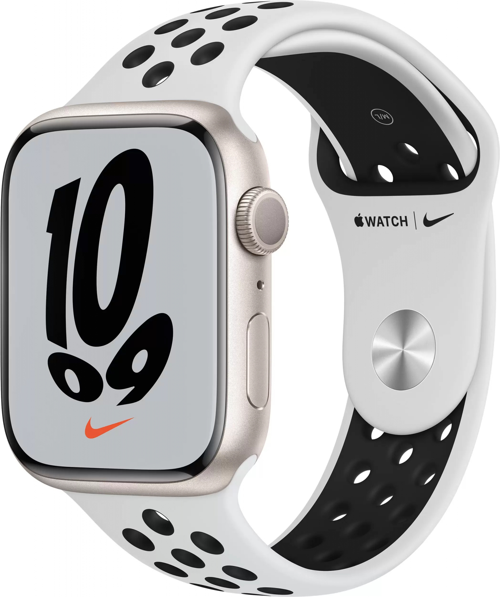 Часы Apple Watch Series 7, 45 мм, корпус из алюминия цвета «сияющая звезда», спортивный ремешок Nike цвета «чистая платина/чёрный» (MKNA3)