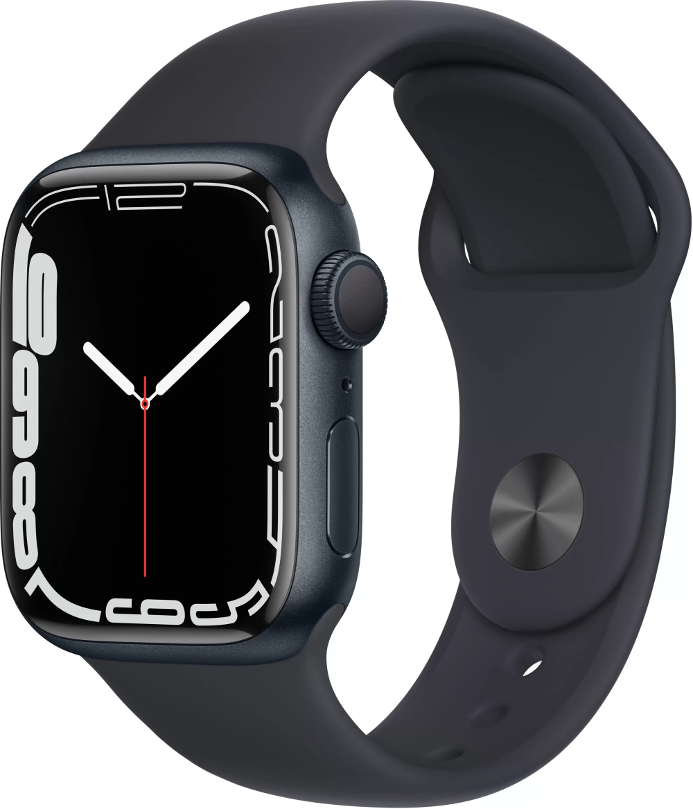 Часы Apple Watch Series 7, 41 мм, корпус из алюминия цвета «тёмная ночь», спортивный ремешок цвета «тёмная ночь» (MKMX3)