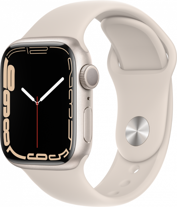 Часы Apple Watch Series 7, 41 мм, корпус из алюминия цвета «сияющая звезда», спортивный ремешок цвета «сияющая звезда» (MKMY3)