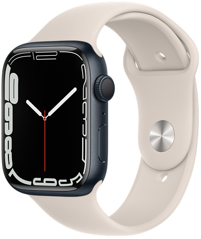 Часы Apple Watch Series 7, 45 мм, корпус из алюминия цвета «тёмная ночь», спортивный ремешок цвета «сияющая звезда» (MKNN3+MKUU3AM)