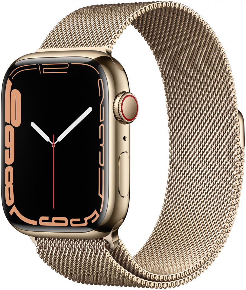 Часы Apple Watch Series 7 Cellular, 41 мм, корпус из нержавеющей стали золотого цвета, миланский сетчатый браслет золотого цвета (MKJ03)