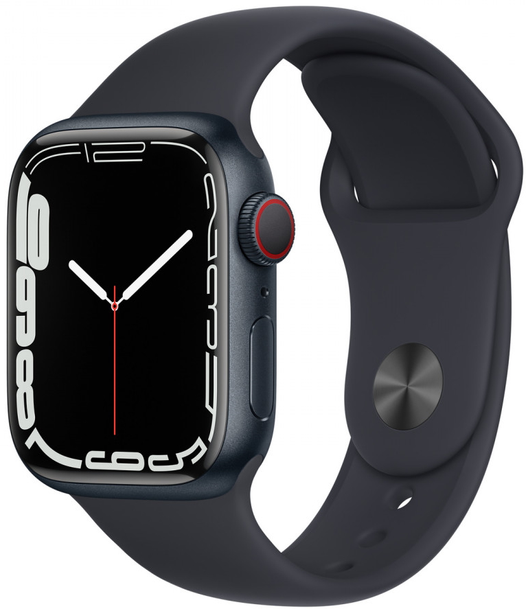 Apple Watch Series 7 Cellular, 41 мм, корпус из алюминия цвета «тёмная ночь», спортивный ремешок цвета «тёмная ночь» (MKHQ3)