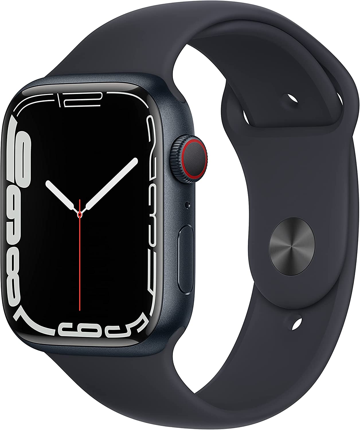 Apple Watch Series 7 Cellular, 45 мм, корпус из алюминия цвета «тёмная ночь», спортивный ремешок цвета «тёмная ночь» (MKJ73)