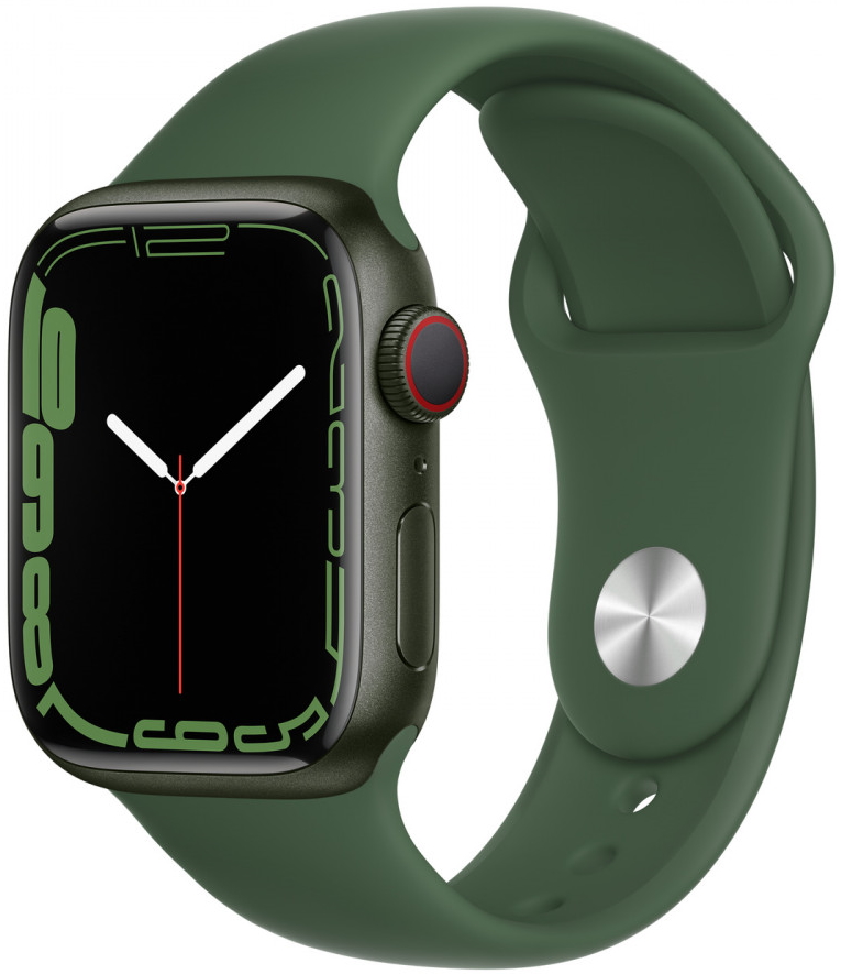 Apple Watch Series 7 Cellular, 45 мм, корпус из алюминия зелёного цвета, спортивный ремешок цвета «зелёный клевер» (MKJ93)