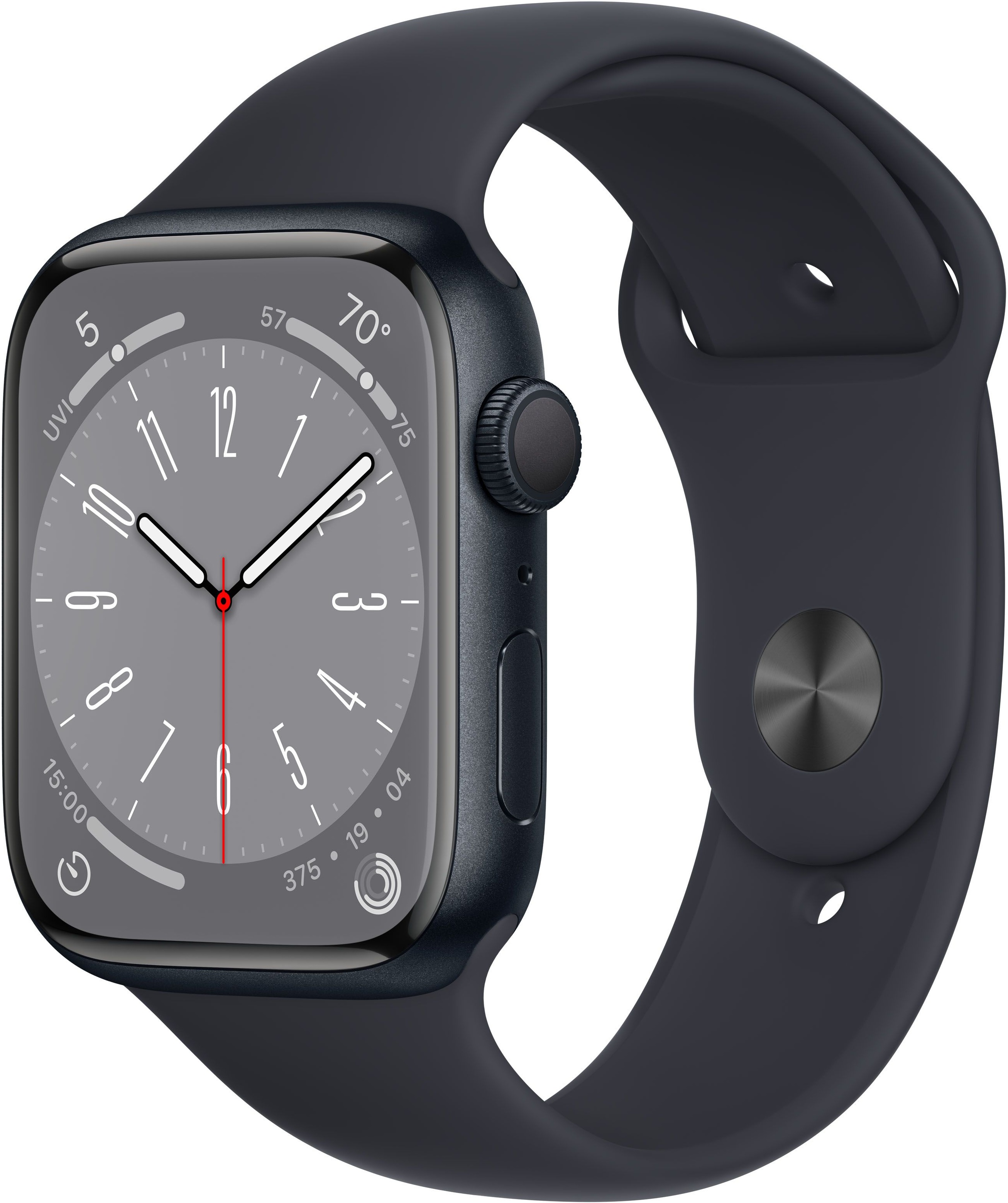 Часы Apple Watch Series 8, 45 мм, корпус из алюминия цвета «тёмная ночь», спортивный ремешок цвета «тёмная ночь» (MNP13)