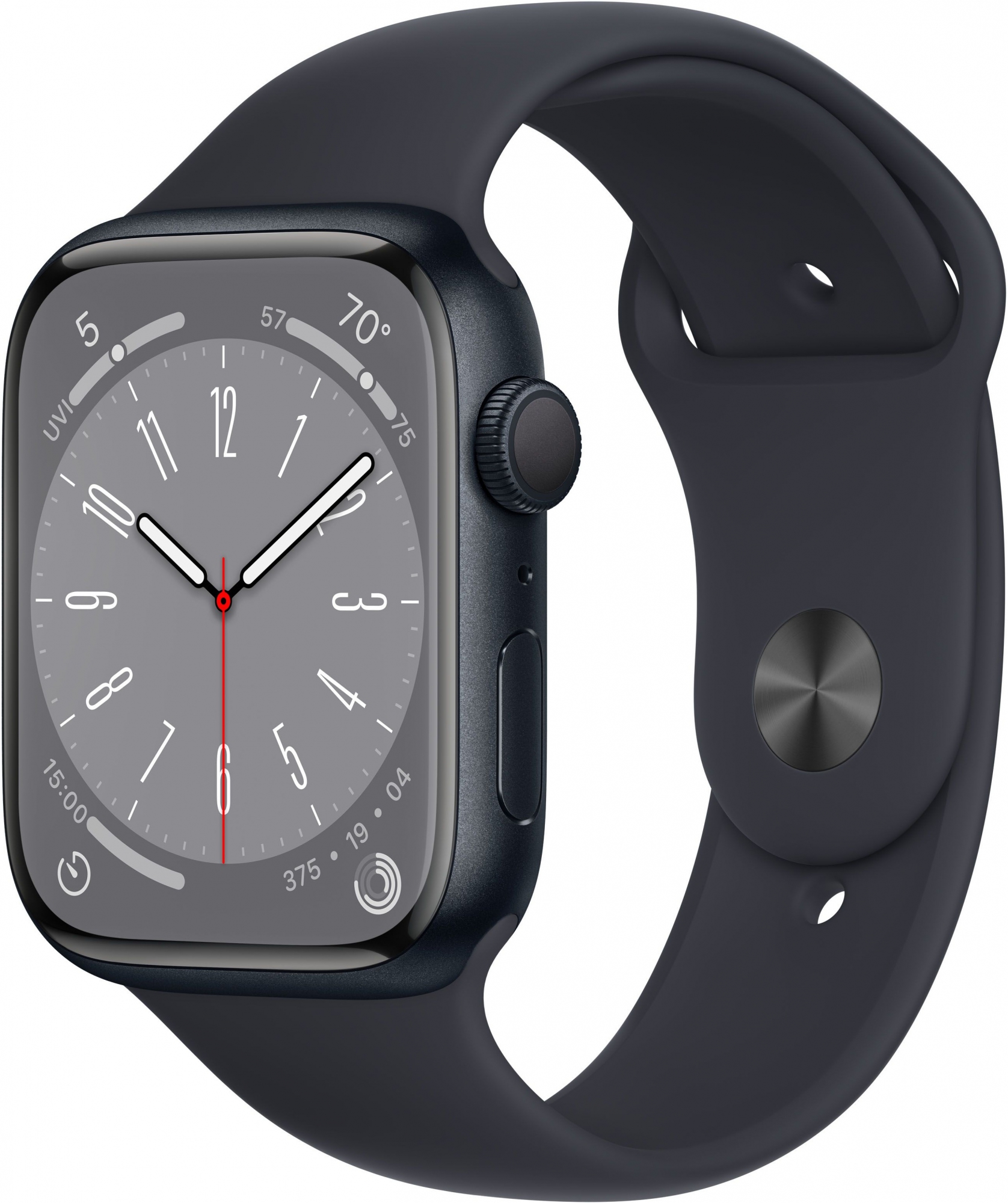 Часы Apple Watch Series 8, 45 мм, корпус из алюминия цвета «тёмная ночь», спортивный ремешок цвета «тёмная ночь», размер S/M и M/L (MNP13)