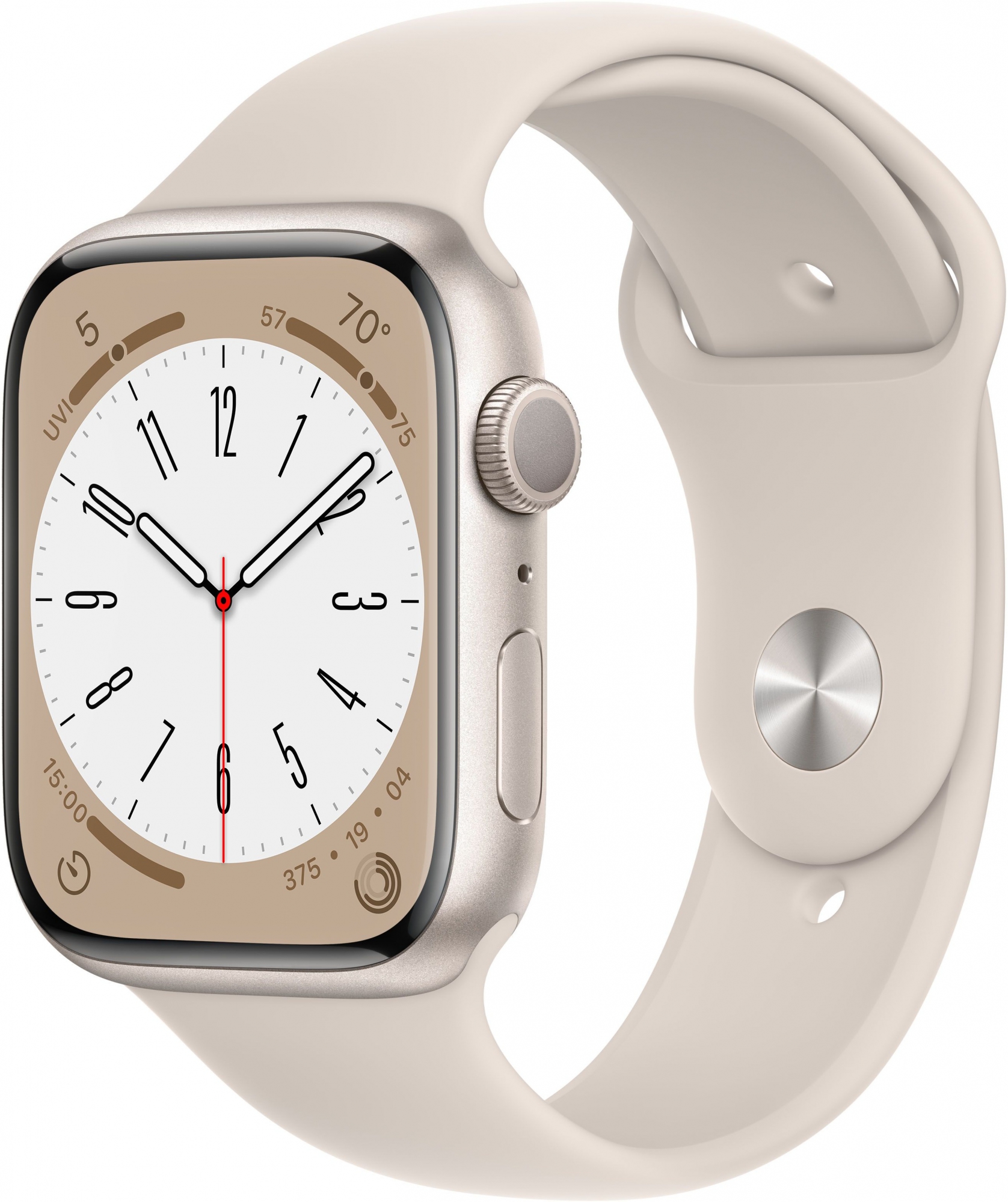 Часы Apple Watch Series 8, 45 мм, корпус из алюминия цвета «сияющая звезда», спортивный ремешок цвета «сияющая звезда», размер S/M и M/L (MNP23)