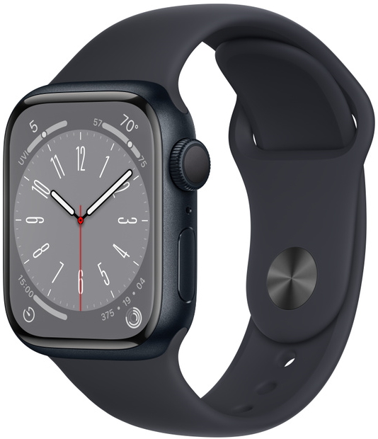 Часы Apple Watch Series 8, 41 мм, корпус из алюминия цвета «тёмная ночь», спортивный ремешок цвета «тёмная ночь», размер S/M и M/L (MNP53)