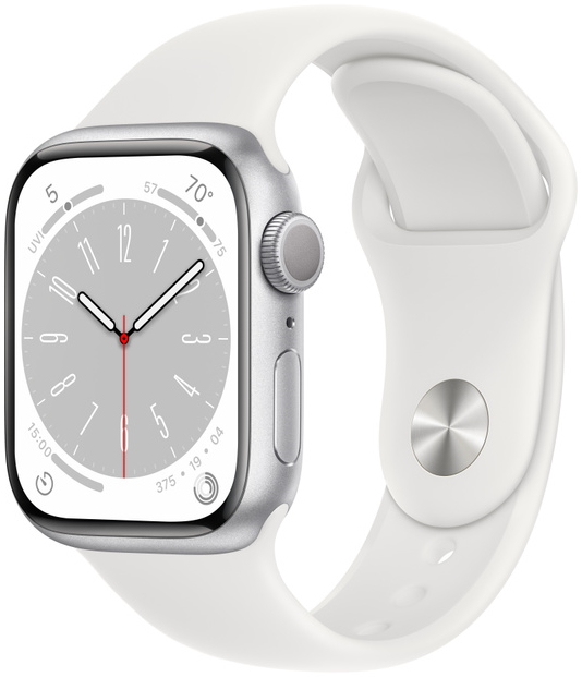 Часы Apple Watch Series 8, 41 мм, корпус из алюминия серебристого цвета, спортивный ремешок белого цвета, размер S/M и M/L (MP6K3)