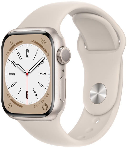 Часы Apple Watch Series 8, 41 мм, корпус из алюминия цвета «сияющая звезда», спортивный ремешок цвета «сияющая звезда» (MNP63)