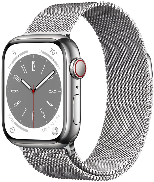 Apple Watch Series 8 Cellular, 45 мм, корпус из нержавеющей стали серебристого цвета, миланский сетчатый браслет серебристого цвета (MNKK3)