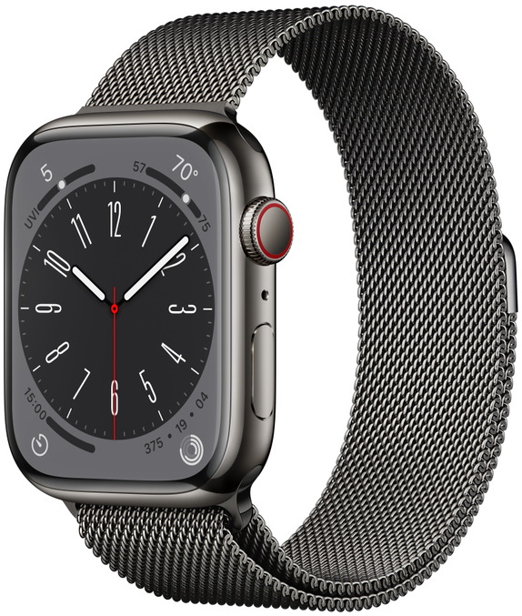 Apple Watch Series 8 Cellular, 45 мм, корпус из нержавеющей стали графитового цвета, миланский сетчатый браслет графитового цвета (MNKX3)