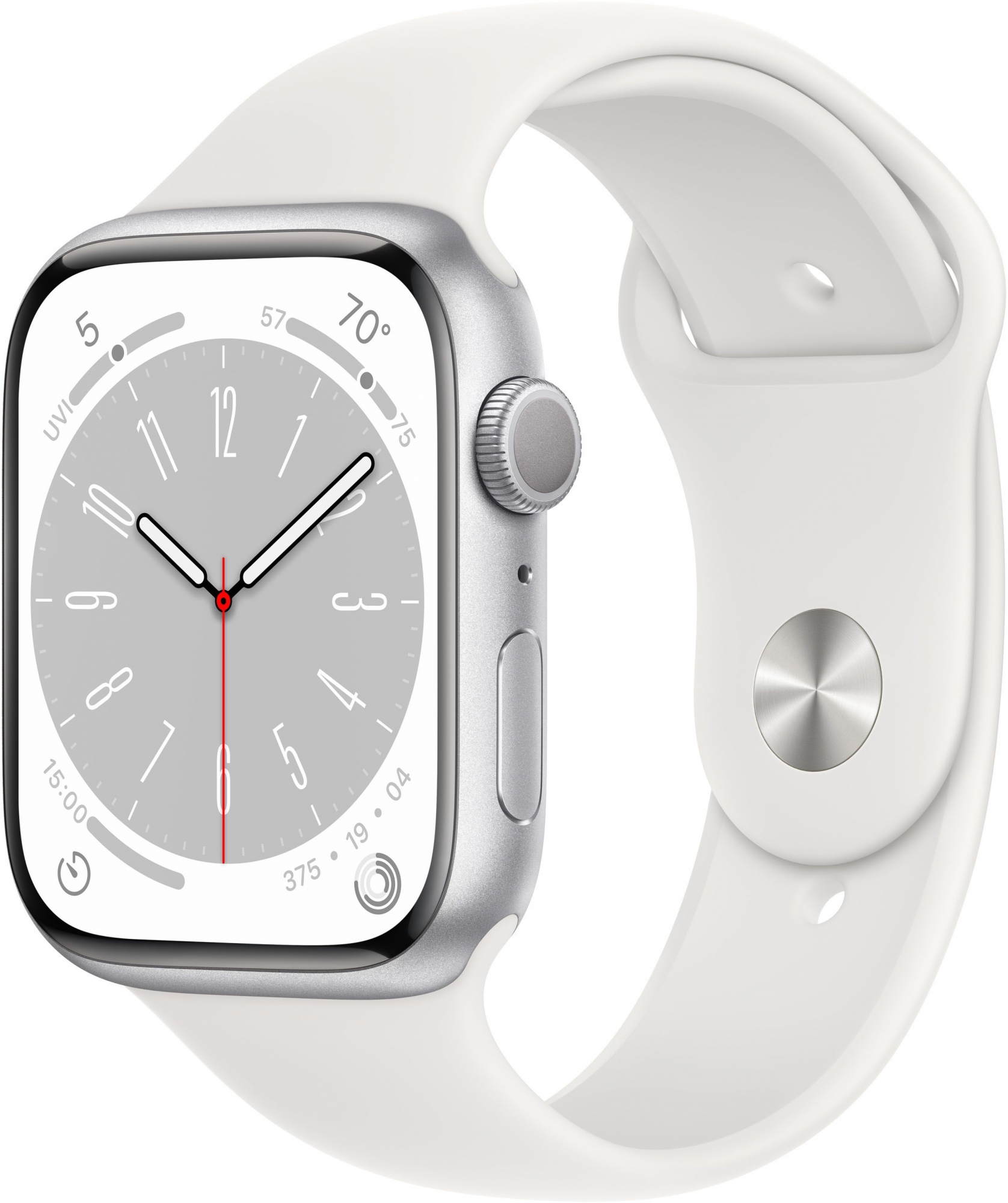 Часы Apple Watch Series 8, 45 мм, корпус из алюминия серебристого цвета, спортивный ремешок белого цвета, размер M/L (MP6Q3)