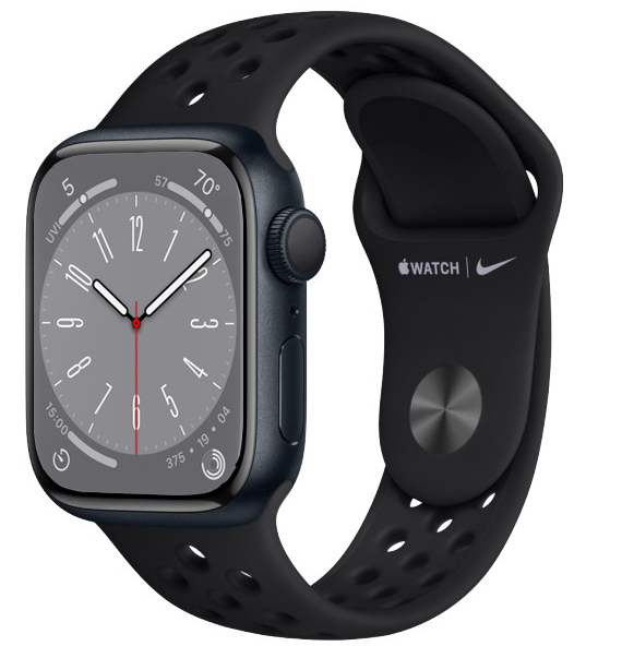 Часы Apple Watch Series 8, 41 мм, корпус из алюминия цвета «тёмная ночь», спортивный ремешок Nike чёрного цвета, размер M/L (MNPC3+MPGQ3)