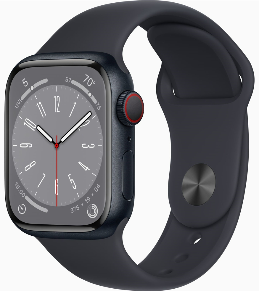 Часы Apple Watch Series 8 Cellular, 41 мм, корпус из алюминия цвета «тёмная ночь», спортивный ремешок цвета «тёмная ночь», размер M/L (MNUW3)