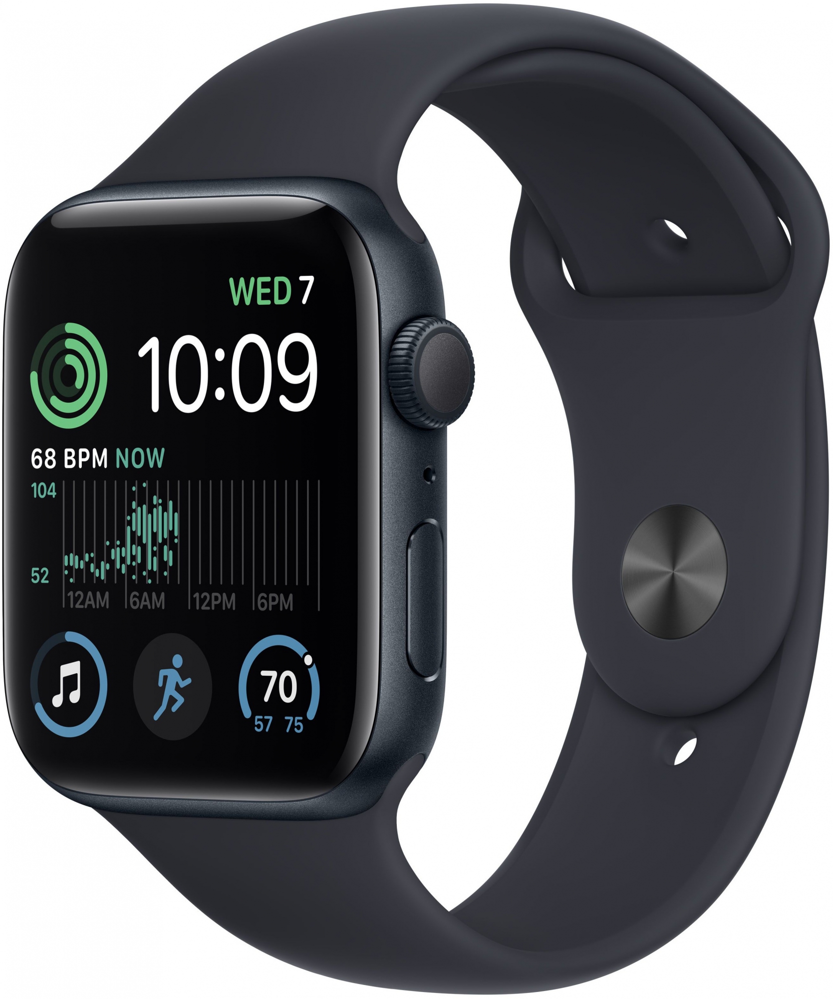 Часы Apple Watch SE 2022, 44 мм, корпус из алюминия цвета «тёмная ночь», спортивный ремешок цвета «тёмная ночь», размер S/M и M/L (MNK03)