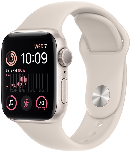 Apple Watch SE 2022, 40 мм, корпус из алюминия цвета «сияющая звезда», спортивный ремешок цвета «сияющая звезда» (MNJP3)