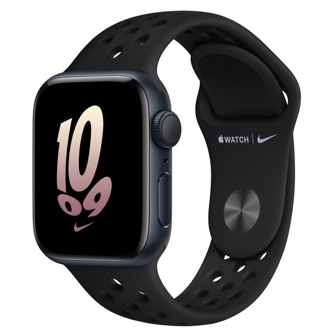 Apple Watch SE 2022, 44 мм, корпус из алюминия цвета «тёмная ночь», спортивный ремешок Nike чёрного цвета (MNLC3)