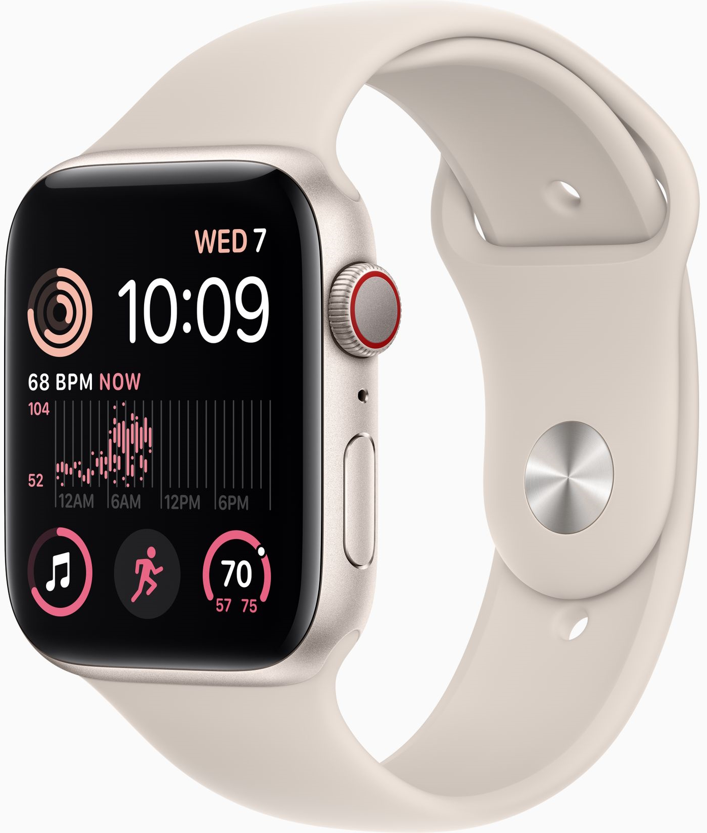 Часы Apple Watch SE 2022 Cellular, 40 мм, корпус из алюминия цвета «сияющая звезда», спортивный ремешок цвета «сияющая звезда», размер S/M (MNTK3)