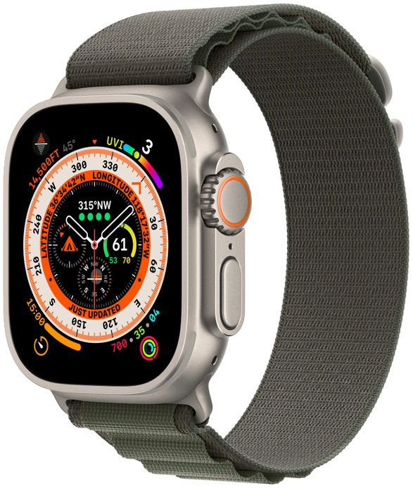 Часы Apple Watch Ultra Cellular, 49 мм, корпус из титана, браслет Alpine зеленого цвета, размер S (MNHC3, MQE23)