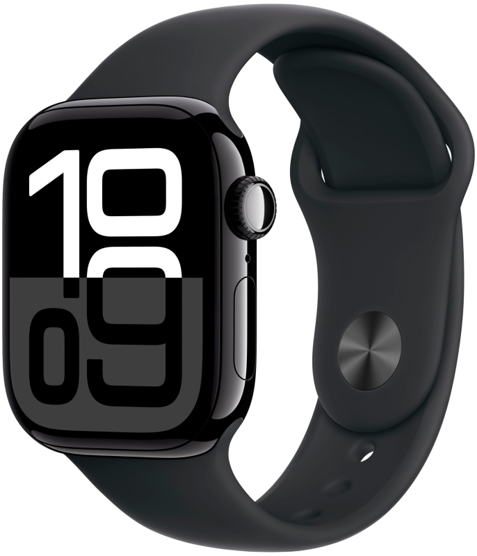 Часы Apple Watch Series 10, 42 мм, корпус из алюминия цвета «чёрный оникс», спортивный ремешок чёрного цвета, размер S/M (MWWE3) замена