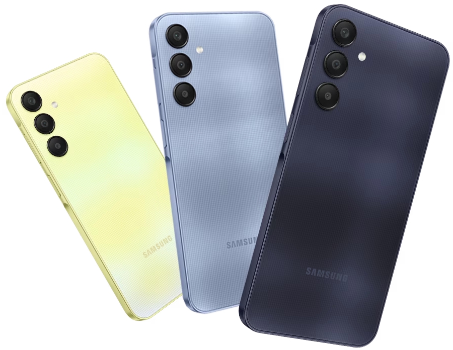 Вы можете увидеть заднюю панель трех устройств Galaxy A25 5G в цветах «Желтый», «Синий» и «Синий черный» (в порядке слева направо и от самого дальнего к ближайшему).
