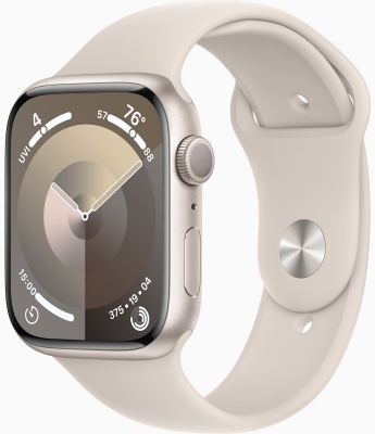 Часы Apple Watch Series 9, 45 мм, корпус из алюминия цвета «сияющая звезда», спортивный ремешок цвета «сияющая звезда», размер S/M (MR963)