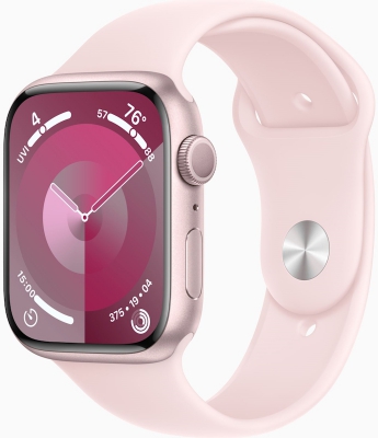 Часы Apple Watch Series 9, 45 мм, корпус из алюминия розового цвета, спортивный ремешок светло-розового цвета, размер M/L (MR9H3)