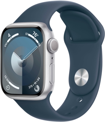Часы Apple Watch Series 9, 41 мм, корпус из алюминия серебристого цвета, спортивный ремешок цвета «штормовой синий», размер S/M (MR903)