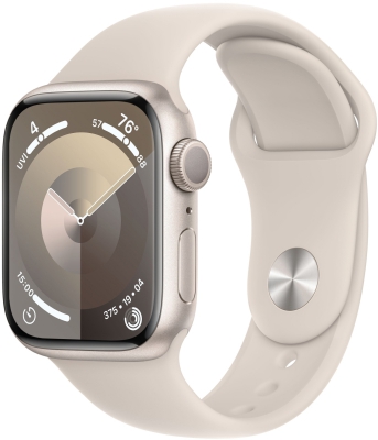 Часы Apple Watch Series 9, 41 мм, корпус из алюминия цвета «сияющая звезда», спортивный ремешок цвета «сияющая звезда», размер M/L (MR8U3)
