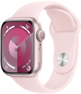 Часы Apple Watch Series 9, 41 мм, корпус из алюминия розового цвета, спортивный ремешок светло-розового цвета, размер S/M (MR933)