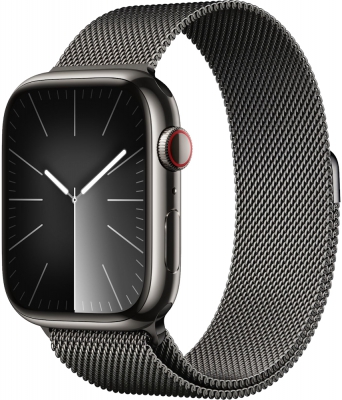 Apple Watch Series 9 Cellular, 45 мм, корпус из нержавеющей стали графитового цвета, миланский сетчатый браслет графитового цвета (MRMX3)