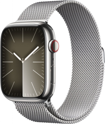 Apple Watch Series 9 Cellular, 45 мм, корпус из нержавеющей стали серебристого цвета, миланский сетчатый браслет серебристого цвета (MRMQ3)