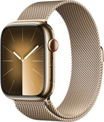 Apple Watch Series 9 Cellular, 45 мм, корпус из нержавеющей стали золотого цвета, миланский сетчатый браслет золотого цвета (MRMU3)
