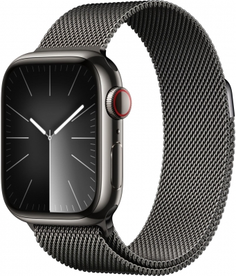 Apple Watch Series 9 Cellular, 41 мм, корпус из нержавеющей стали графитового цвета, миланский сетчатый браслет графитового цвета (MRJA3)