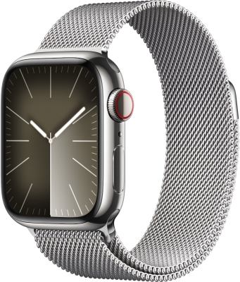 Apple Watch Series 9 Cellular, 41 мм, корпус из нержавеющей стали серебристого цвета, миланский сетчатый браслет серебристого цвета (MRJ43)