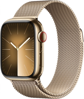 Apple Watch Series 9 Cellular, 41 мм, корпус из нержавеющей стали золотого цвета, миланский сетчатый браслет золотого цвета (MRJ73)