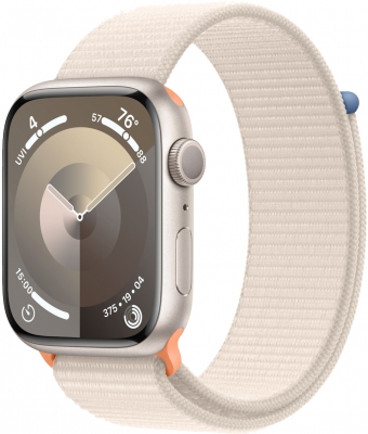 Часы Apple Watch Series 9, 45 мм, корпус из алюминия цвета «сияющая звезда», спортивный браслет (loop) цвета «сияющая звезда» (MR983)