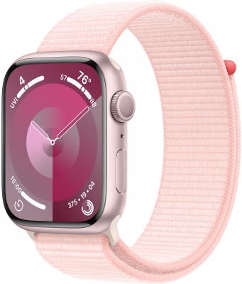 Часы Apple Watch Series 9, 45 мм, корпус из алюминия розового цвета, спортивный браслет (loop) светло-розового цвета (MR9J3)