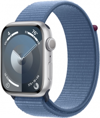 Часы Apple Watch Series 9, 41 мм, корпус из алюминия серебристого цвета, спортивный браслет (loop) цвета «зимний синий» (MR923)