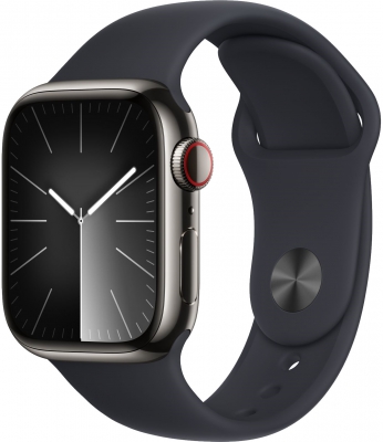 Часы Apple Watch Series 9 Cellular, 41 мм, корпус из нержавеющей стали графитового цвета, спортивный ремешок цвета «тёмная ночь», размер S/M (MRJ83)