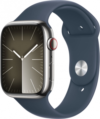 Apple Watch Series 9 Cellular, 45 мм, корпус из нержавеющей стали серебристого цвета, спортивный ремешок цвета «штормовой синий», размер M/L (MRMP3)