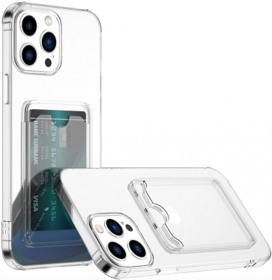 Чехол накладка силиконовый CTI для iPhone 15 Pro Max с защитой объектива камеры и карманом для карт (прозрачный)