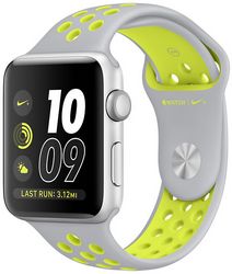 Apple Watch Nike+, Корпус 38 мм из серебристого алюминия, спортивный ремешок Nike цвета «листовое серебро/салатовый» (MNYP2)