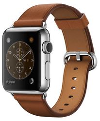 Умные часы Apple Watch, Корпус 38 мм, нержавеющая сталь «серебристая», ремешок коричневого цвета с классической пряжкой(MMF72)