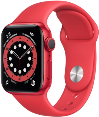 Часы Apple Watch Series 6, 44 мм, корпус из алюминия цвета (PRODUCT)RED, спортивный ремешок красного цвета (M00M3)