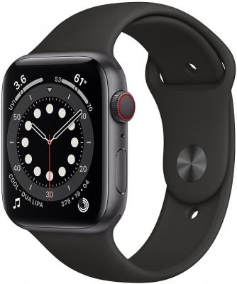 Часы Apple Watch Series 6 Cellular, 44 мм, корпус из алюминия цвета «серый космос», спортивный ремешок чёрного цвета (M07H3)