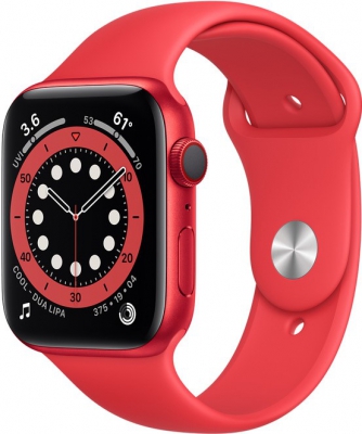 Часы Apple Watch Series 6 Cellular, 44 мм, корпус из алюминия цвета (PRODUCT)RED, спортивный ремешок красного цвета (M07K3)