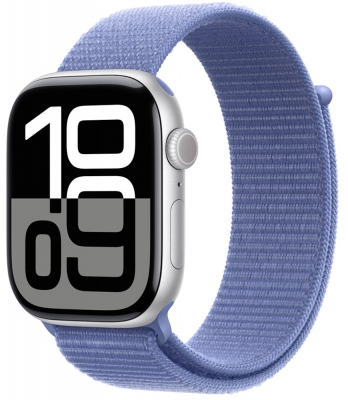 Часы Apple Watch Series 10, 46 мм, корпус из алюминия серебристого цвета, спортивный браслет (loop) цвета «барвинок» (MWX03+MDV54)